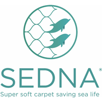 Sedna Carpets logo featuring dolphins and fishing nets, with 'Super soft carpet saving sea life' byline