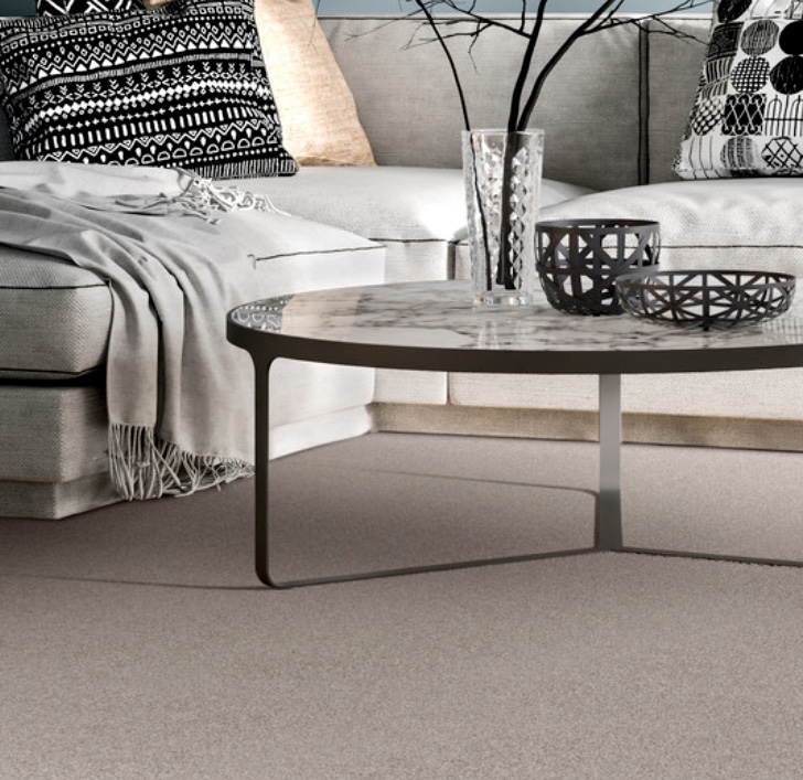 A neutral coloured domestic carpet with two armchairs and a coffee table.