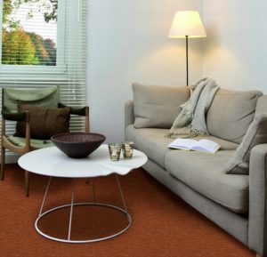 A living room with beige sofa, standard lamp, white table, armchair and rust coloured carpet.