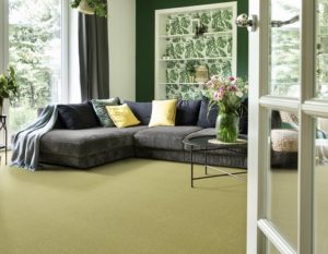 A living room with large grey sofa, windows overlooking a garden and a green carpet