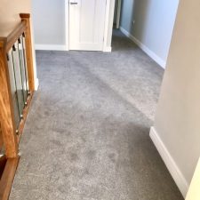 View of a landing fitted with a grey polypropylene twist carpet which is bleach cleanable in one tenth gauge, 2 x ply yarn