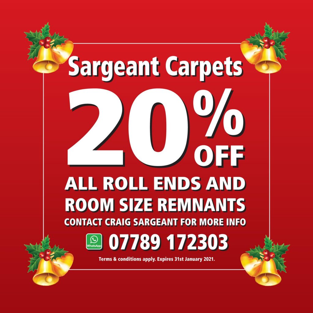 Graphic advertising 20% off roll ends and room size remnants.  With Christmas bells and a red background.