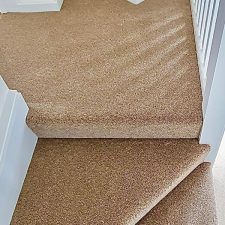 View of stairs fitted with a brown polypropylene twist, fade resistant carpet.