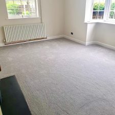 An unfurnished, bright living room painted white with a light grey Excellon polypropylene saxony carpet.