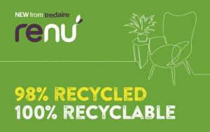 A graphic about Renu underlay with yellow text saying '98% recycled' and white text saying '100% recyclable'