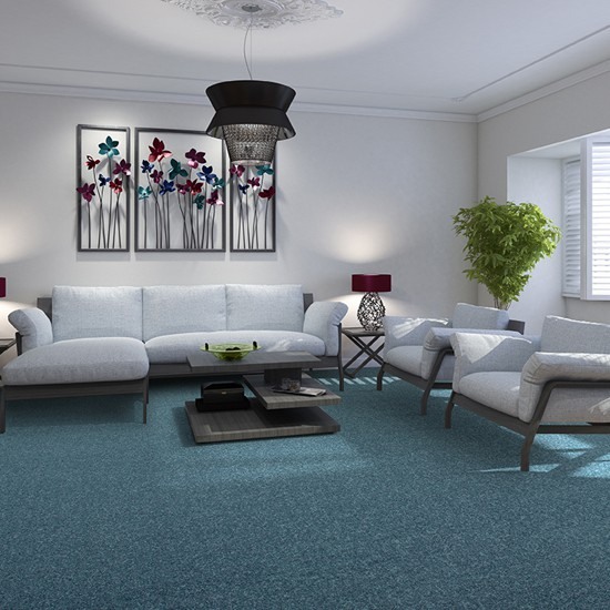 A living room with grey three piece suite, darker grey carpet from the Lounge range by Lano carpets.