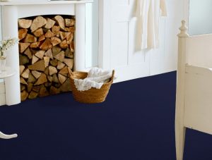 A navy carpet in a living room with a fireplace filled with logs and white walls.