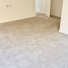 View of an empty living room fitted with a Polypropylene twist pile moth proof carpet