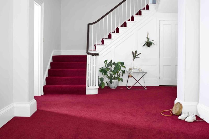 A hallway with white decor and deep red Wilton carpet on the stairs and floor.