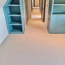 Dressing room with painted blue wooden shelving and a beige luxury wool loop carpet