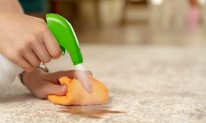 Closeup of a person spraying a solution onto a light beige carpet to clean it with a cloth.