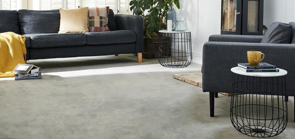 Living room with dark grey armchair and sofa with grey polypropylene carpet.